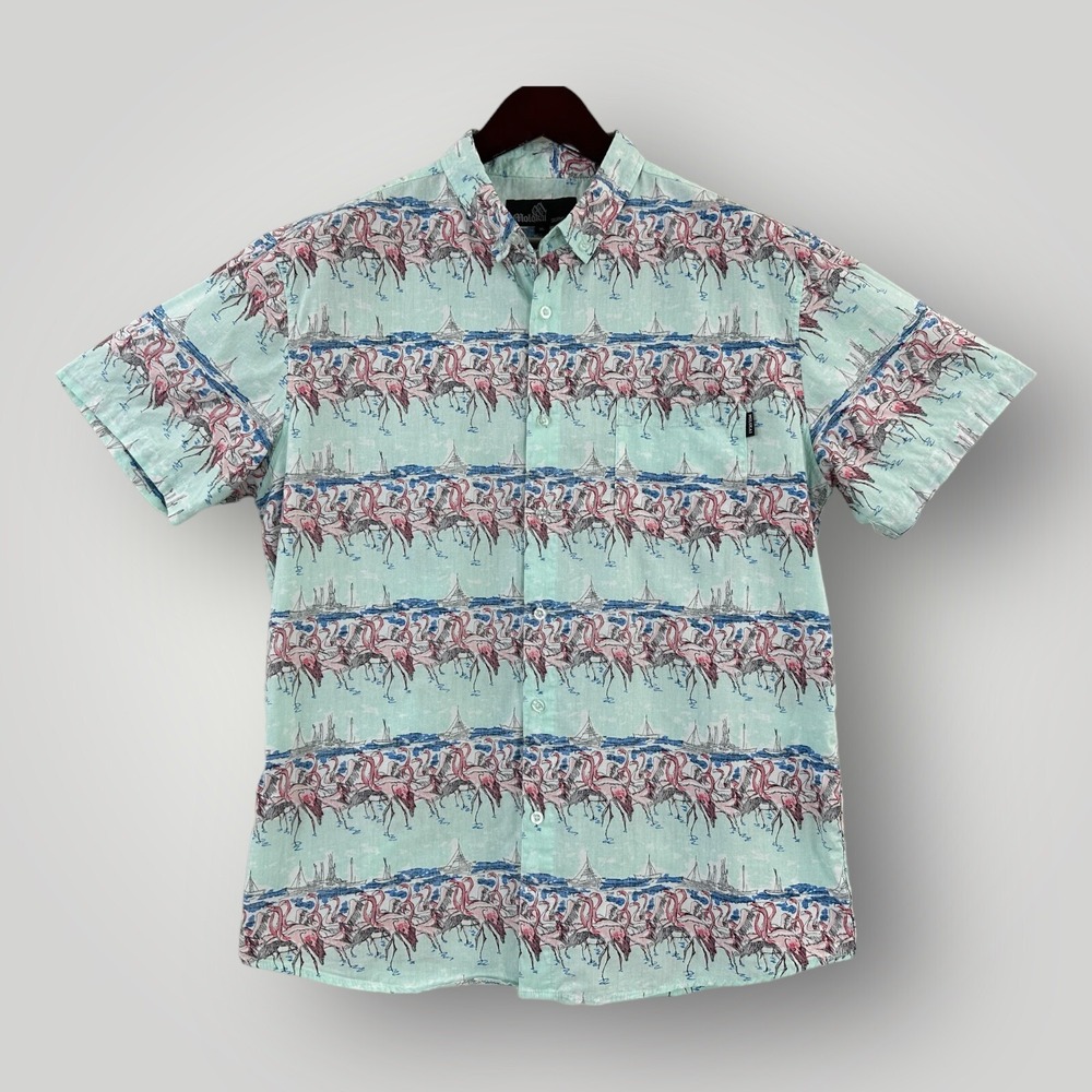 Molokai Surf Co Button Down Shirt XL Flamingo Reverse Print Short Sleeve